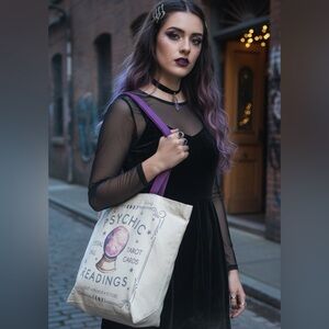 Psychic Readings Cream Tote Bag with Purple Handles